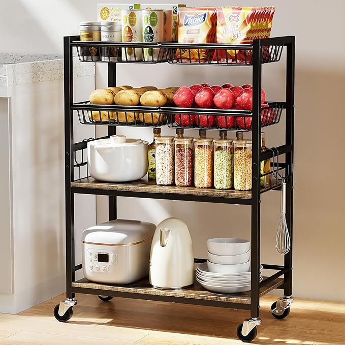 Kitchen Storage Cart, 4 Tier Utility Rolling Snack Cart, Fruit & Vegetables Basket Stand, Pantry Storage with 4 Detachable Mesh Basket for Kitchen, Bathroom, Living Room, Office, Balcony, Black