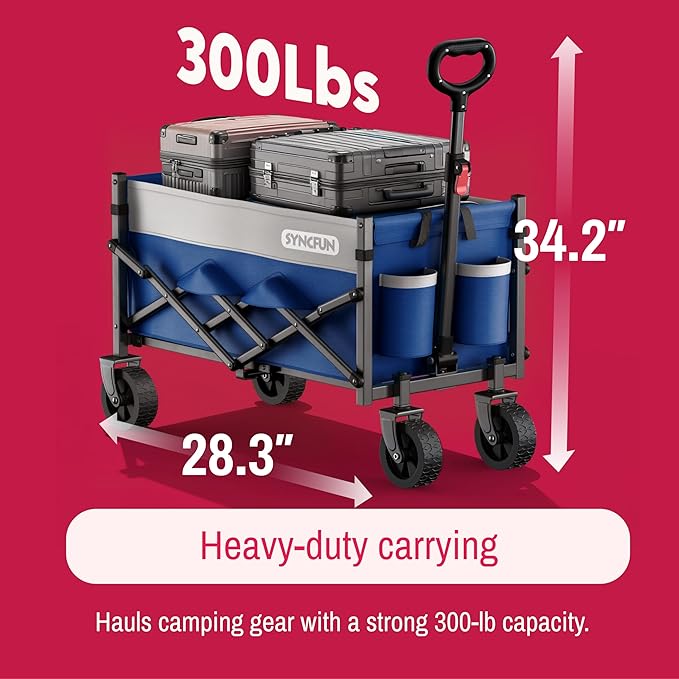 SYNCFUN Collapsible Wagon Cart with Wheels 300lbs Blue, Portable Sports Utility Rolling Wagon for Beach, Garden, Camping & Grocery, Fishing