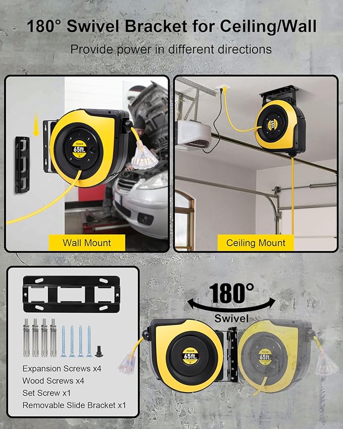 65FT Retractable Extension Cord Reel, 12AWG/3C SJTOW Heavy Duty Power Cord with Lighted Triple Outlets, 15A Circuit Breaker, 180° Swivel Removable Bracket for Wall/Ceiling Mount, UL Listed