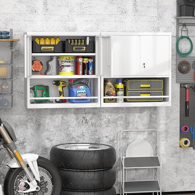 GREATMEET 31" H Metal Cabinets with Doors and Shelves, Lockable Storage Cabinet, Wall Cabinet Storage for Kitchen, Dining Room,White