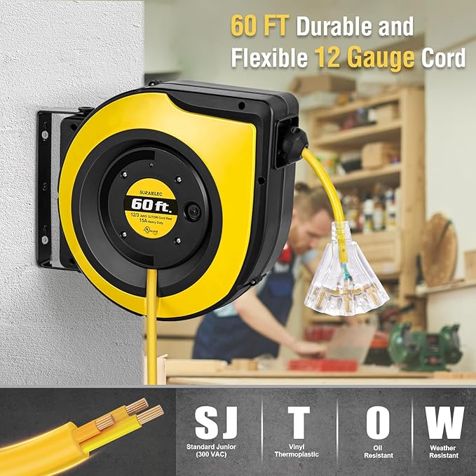 SURAIELEC 12 Gauge Extension Cord Reel, 60 FT Retractable Extension Cord, 12 AWG/3C SJTOW Heavy Duty Power Cord, 15 AMP Circuit Breaker, Lighted Triple Tap, Ceiling or Wall Mount, UL Listed