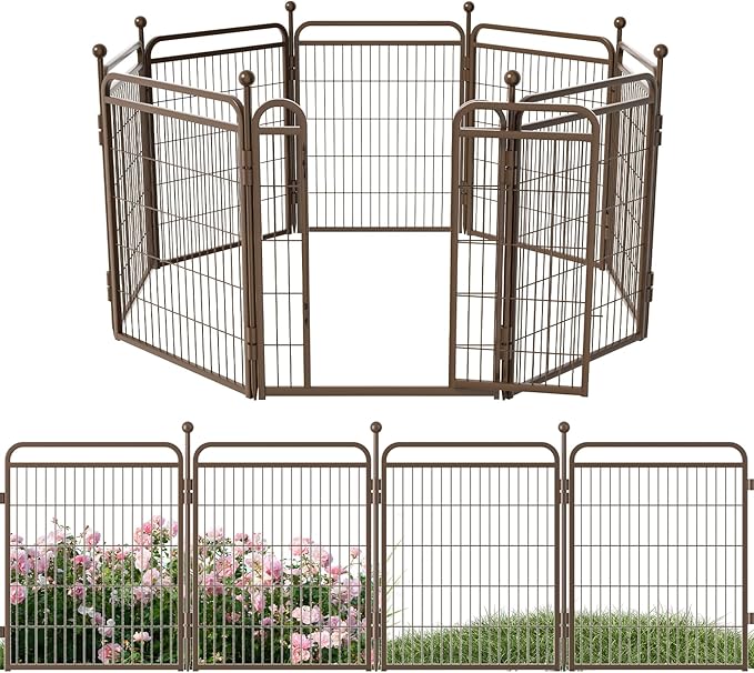32 in(H) Decorative Garden Fence Outdoor for Yard with Gates,Heavy Duty Iron 8 Panels Total 17.3ft(L) Anti Dig Fence with Gravity Automatic Lock for Indoor/Outdoor Decorative Dog Fence,Brown