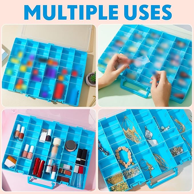 Juexica 2 Pcs Large 48 Grids Plastic Storage Bead Organizer Box, Tackle Box, Compartment Organizer Container with Adjustable Dividers for Jewelry Art Crafts Toys Screw Small Parts(Blue)