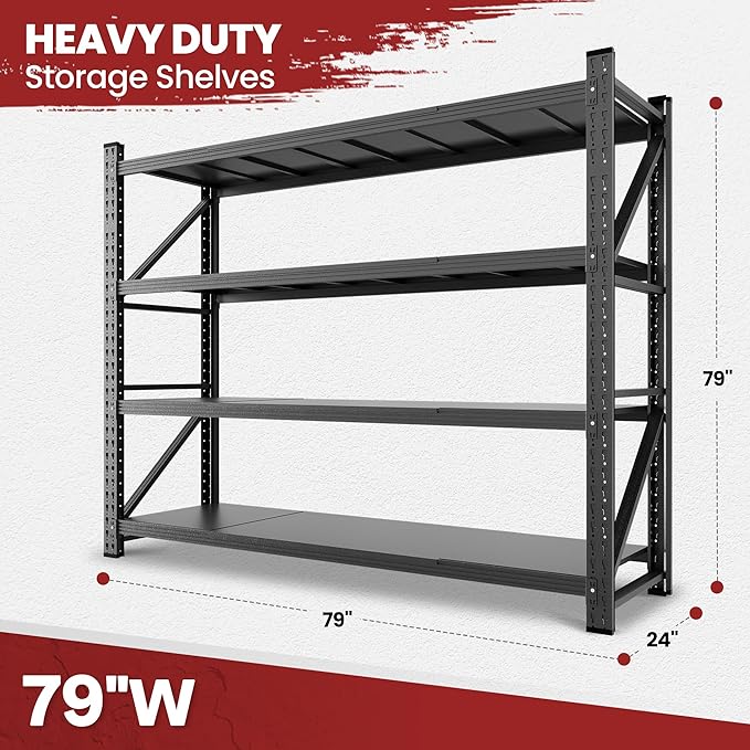79" Wide Storage Shelves, 7000LBS Garage Shelving Heavy Duty, Standing Shelf Units, 4 Tier Metal Adjustable Storage Shelving Rack for Shop Warehouse Basement, 79'' W x 24''D x 79'' H