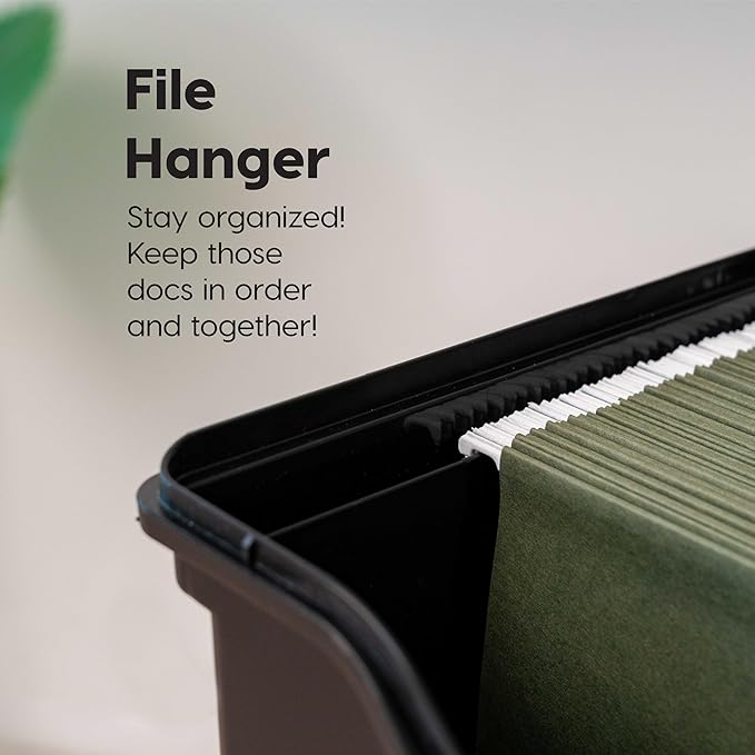IRIS USA File Box with Lid File Organizer for Letter File w/Organizer-Lid, Plastic Mobile Filing Organizer, Water Resistant Document Box, Portable File Box with Handle, Secure Buckle, Lockable, Black