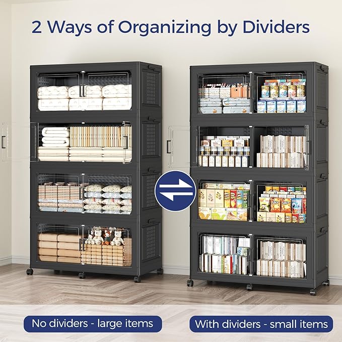 160GAL Storage Bins with Lid and Wheels, Stackable Closet Organizers and Storage Drawer, Collapsible Storages Box with Dividers, Foldable Plastic Cabinets for Room, Kitchen, 4 Pack Black