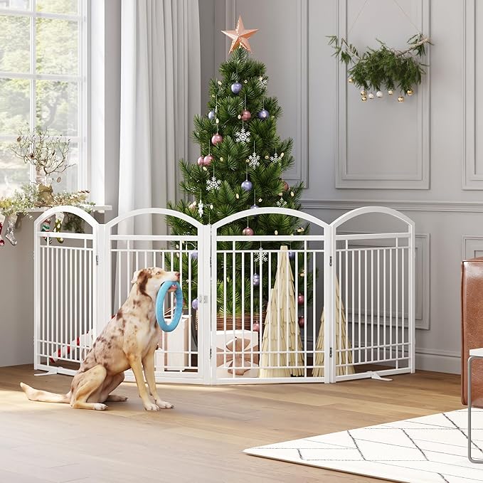 Folding No-Assembly Metal Freestanding Dog Gate with Door Walk Through,32" Height Pet Fence,96" Extra Wide Accordion Puppy Folding Playpen for Doorways,House,Stairs (4 Panels,White)
