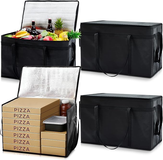 Maxcheck 4 Pcs Insulated Bags for Food Delivery XXXL Large Capacity Hot Grocery Tote Bag Reusable Warming Pizza Catering Carrier for Commercial Travel Lunch Shopping Gifts (Black)
