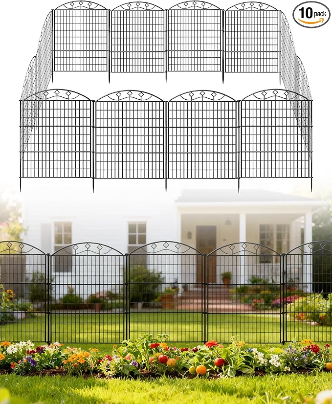 10 Panels Black Metal No Dig Garden Fence, 33in H x 24ft L Temporary Animal Barrier for Dogs & Rabbits, Reusable Outdoor Yard Fencing