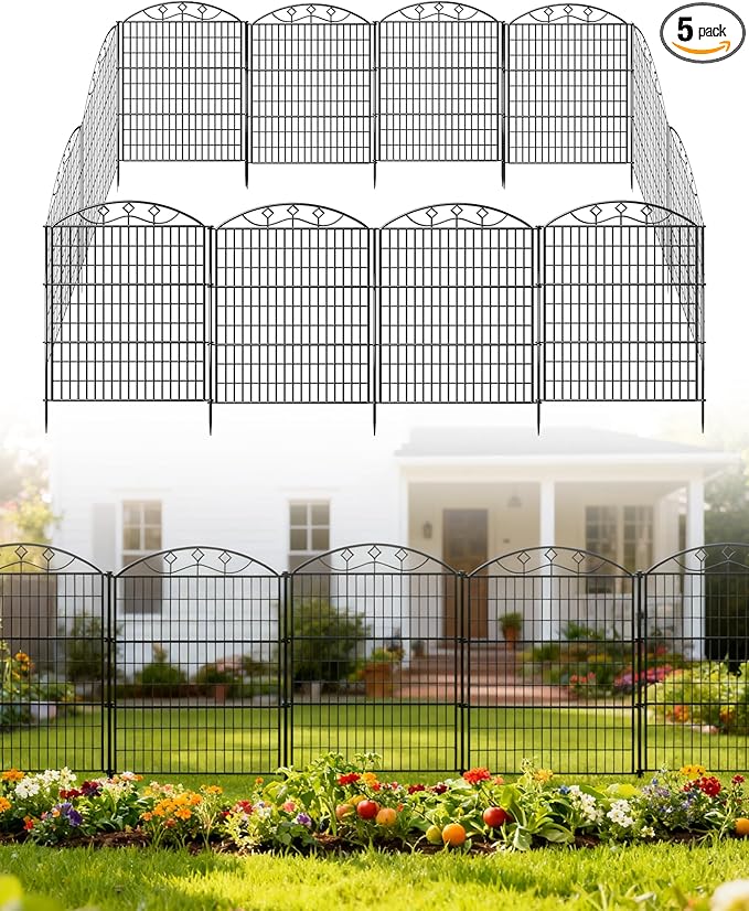 5 Panels Black Metal No Dig Garden Fence, 33in H x 24ft L Temporary Animal Barrier for Dogs & Rabbits, Reusable Outdoor Yard Fencing Without Lock
