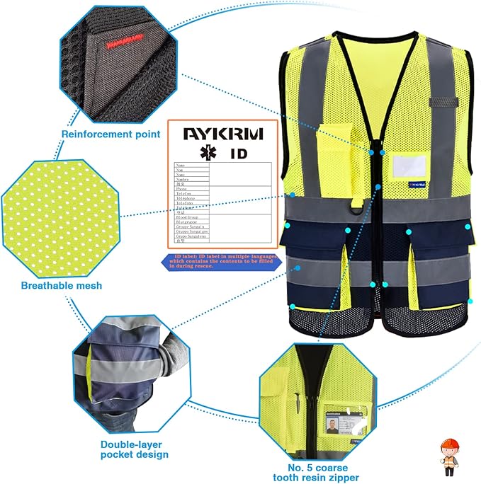 A-SAFETY High Visibility Mesh Safety Reflective Vest with Pockets and Zipper,Hi Vis Viz Reflective Safety Vest(Yellow&Navy Mesh S)