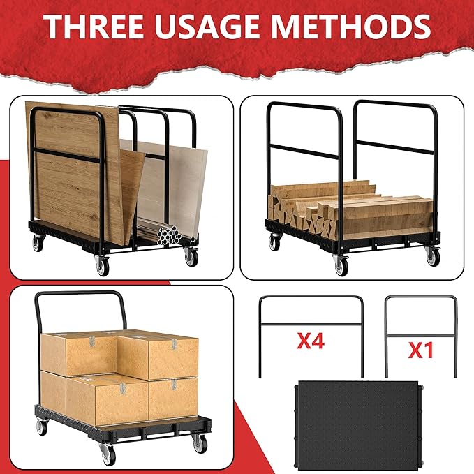 Drywall Cart, Heavy Duty Flatbed Carts and Panel Cart Dolly with 5 Handles, 1500LBS Load Capacity, Carbon-Steel Construction with Anti-Slip Pattern, 38.38" x 24" Inch Platform Truck, Black
