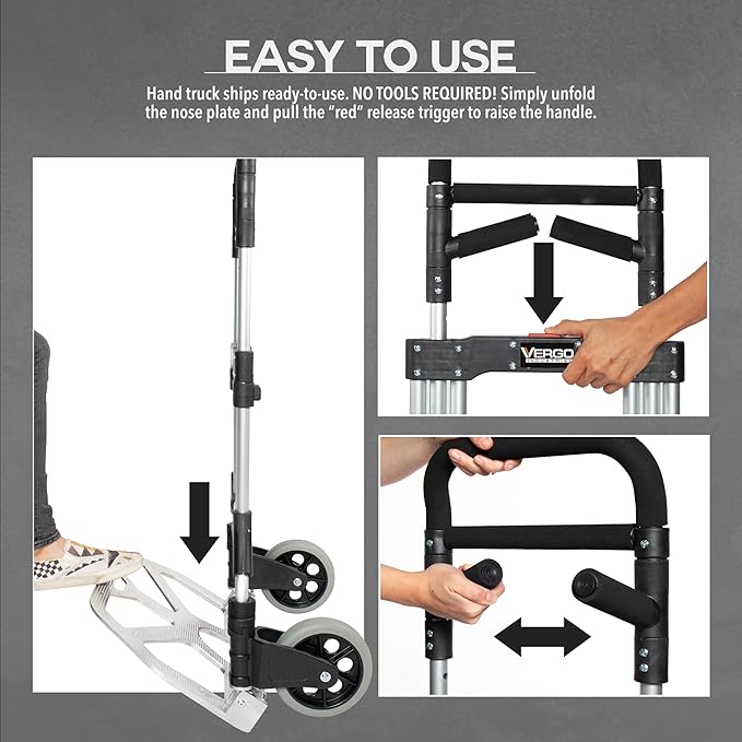 Vergo 400 lbs Capacity Folding Hand Truck Dolly – Lightweight Aluminum Frame Dolly Cart with 50" Telescoping Handle, Compact Hand Cart with 8” Rubber Wheels for Office, Warehouse, Trucks (S300L)