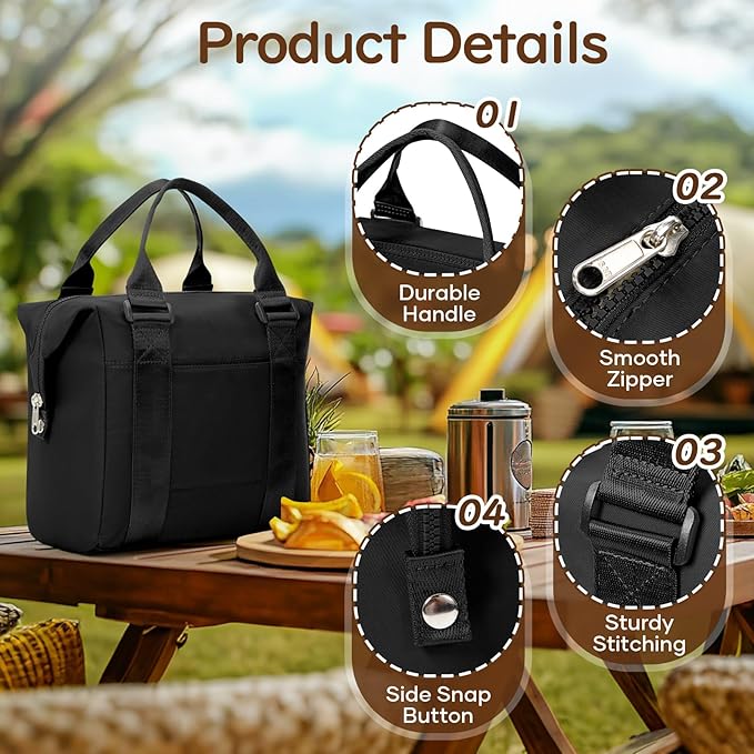 coowoz Lunch Box for Women Insulated Adult Lunch Tote Cooler Bag loncheras para mujer Lunchbox Lunchbag for Men Work Picnic Office Beach Black