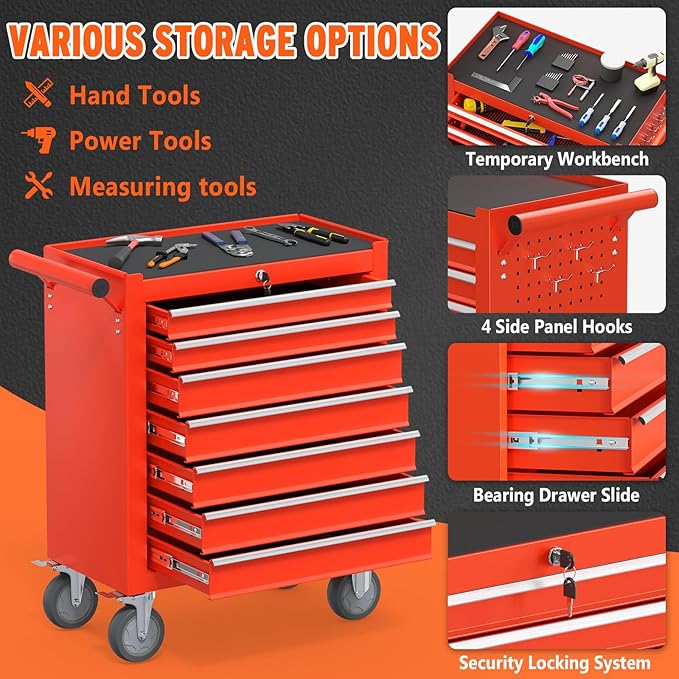7-Drawer Rolling Tool Chest with Wheels, Metal Tool Box, Large Capacity Tool Storage Cabinet with Keyed Locking, Tool Organizer Box for Garage, Workshop, Warehouse (Red)