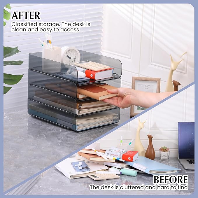 2 Pack Stackable Paper Tray Organizer, Clear File Organizer for Desk, Office Organizer and Storage for Desk Accessories, Notes, Books, File Paper, Document, Black