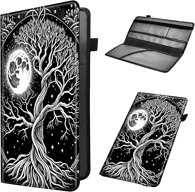 Car Registration and Insurance Holder, Leather Car Glove Box Organizer, Cool Car Accessories for ID, Driver's License Cards & Essential Document,business cards,Men&WomenBlack White Tree Moon
