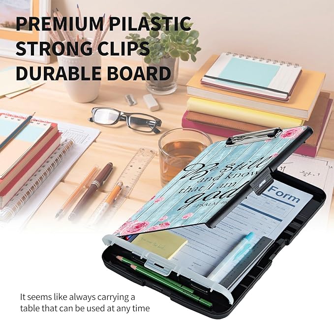 Clipboard with Storage High Capacity Plastic Nursing Clipboards with Pen Holder File Folder Storage Box Clipboard with Heavy Duty Clips for Teacher,Doctor,Offices-Psalm 46-10 Be Still