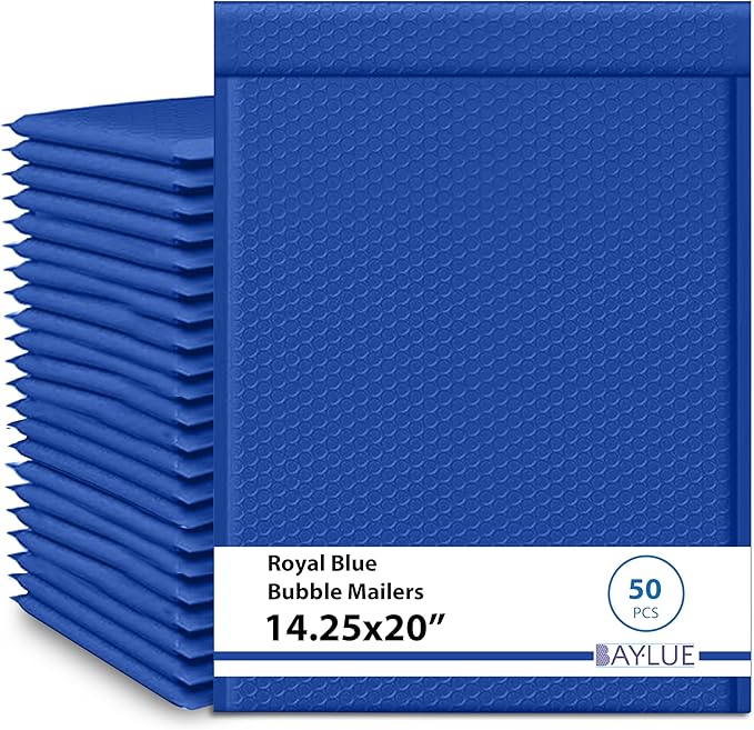 Royal Blue 14.25x20 Inch Poly Bubble Mailers #7 | Self Seal Large Padded Envelopes | Air Cushioned Bubble Mailer | Usable Size 14.25x19 Inch | Waterproof Lightweight Mailing Shipping Bags | 50 Pack