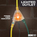 Iron Forge Cable 10 Gauge 10ft Lighted Outdoor Heavy Duty Extension Cord with 3 Outlets - 15 Amp 10/3 SJTW Yellow Extension Cord with Multiple Outlets - 2 Pack