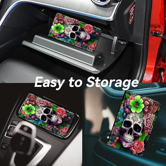 Car Registration and Insurance Holder, Leather Car Glove Box Organizer, Cool Car Accessories for ID, Driver's License Cards & Essential Document,business cards,Men&WomenSkull Pink Rose Flower