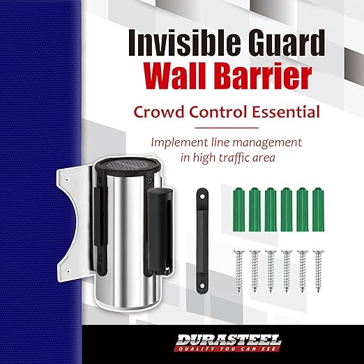 DuraSteel Wall Mount Crowd Control Retractable Belt Barrier - 9.2 Ft Blue Retractables Barrier Belt w/Stainless Steel Casing - Do Not Enter Crowd Control Barriers NOT Stanchions with Retractable Belts