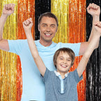 3 Pack 3.3 x 8.2 ft Black Gold Orange Foil Fringe Backdrop Curtains, Tinsel Streamers Party Decorations, Fringe Backdrop, Door Shimmer for Construction or Birthday Party