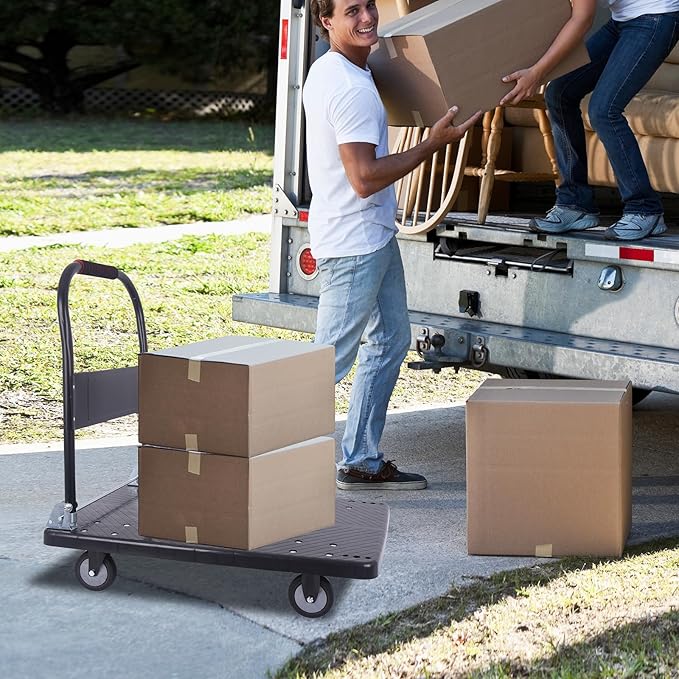 Hand Cart 660 lbs, Push Cart Dolly Black, Capacity Platform Truck Foldable Platform Cart Upgraded Heavy Duty Moving Cart with PU Wheels for Home Garden Warehouse Garage Workshops