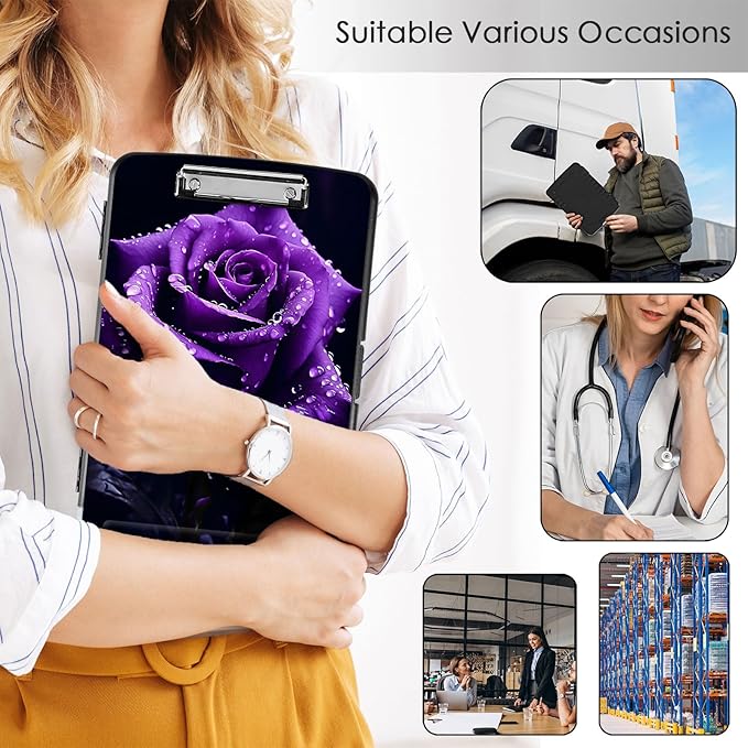 Clipboard with Storage,Office Supplies Nursing Clipboards Folder with Pen Holder Plastic Storage ClipBoard Foldable for Teacher Nurse,Purple Rose