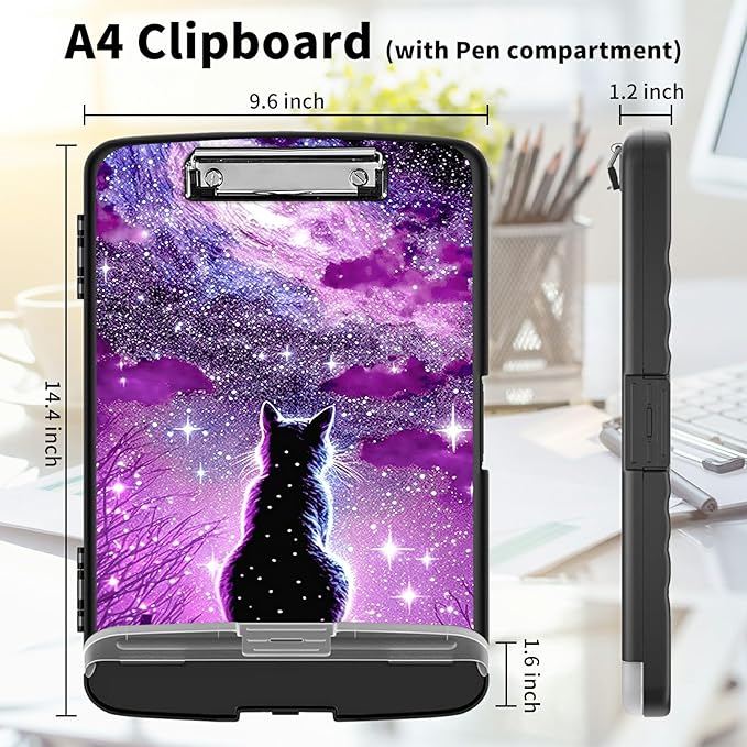 Clipboard with Storage High Capacity Plastic Nursing Clipboards with Pen Holder File Folder Storage Box Clipboard with Heavy Duty Clips for Teacher,Doctor,Offices-Hipster Cat Galaxy