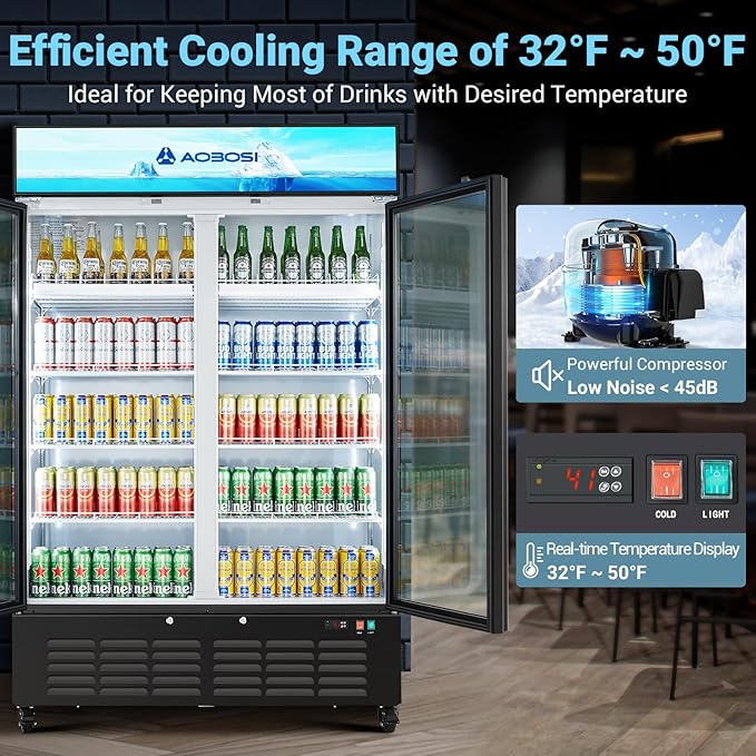 AAOBOSI Commercial Merchandiser Refrigerator,36.8 Cu.Ft Glass Door Display Refrigerator,Upright Beverage Cooler Fridge with Soft LED Light, Customizable Lightbox,Universal Casters, Adjustable Shelves