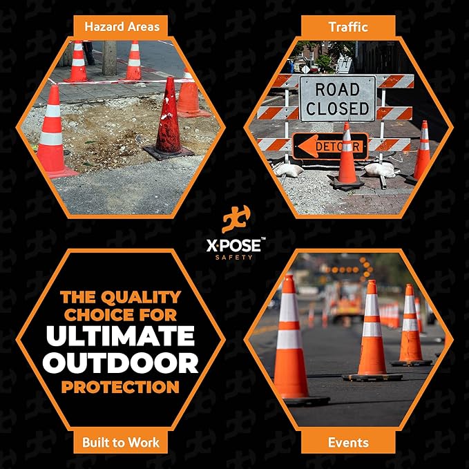 Xpose Safety 36 Inch Orange Traffic Cones with 6" & 4" Collars, 4-Pack - Multipurpose PVC Plastic Safety Cone for Parking, Soccer, Caution, Kids and Construction - DOT Approved