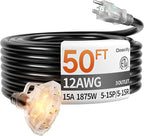 50 ft 12 Gauge Heavy Duty 3 Outlet Extension Cord Splitter with Indicator, Waterproof Outdoor Extension Cord with Multiple Outlets, 15A 1875W for Home & Workshop, ETL Listed, Black SJTW