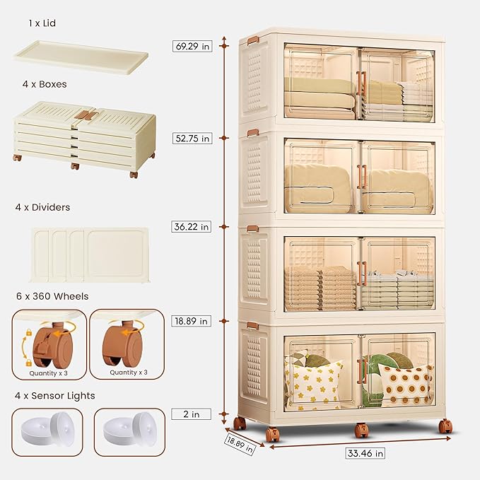 FINCHESCLUB 752QT Extra Large Stackable Storage Bins with Lids, 188Gal Foldable Storage Bins with Doors and Wheels, Collapsible Closet Organizers for Home Office, Christmas Gifts - 4 Pack - Off White