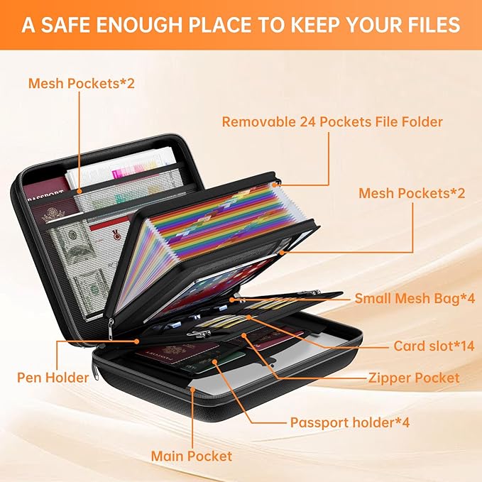 ENGPOW Fireproof Document Box with Lock, Hard Case Fire & Water Resistant File Organizer with 25-Pocket Accordion File Folder, Portable Home Office Safe Storage for Important Documents Laptop Black