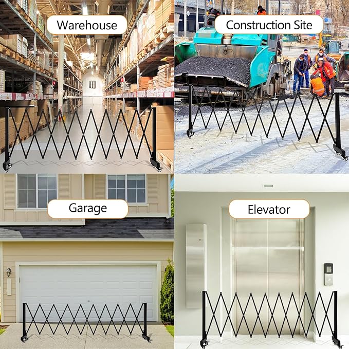 11.5FT Expandable Barricade Gate, Expandable Metal Barricade Gate Alloy Fence with Wheels, Retractable Crowd Control, for Industrial or Residential Use (Black, 11.5FT)