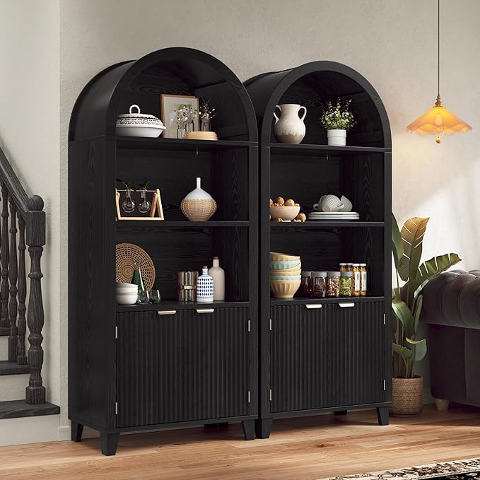 Arched Kitchen Pantry, 5-Tier Arched Cabinet with Fluted Doors, Display Cabinet with Open & Adjustable Shelves, Versatile Cupboard for Dining Room, Living Room, Black