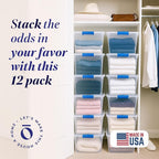 HOMZ 12-Pack Secure Latch, Clear Plastic Storage Organizer Bins, 31 Quart, Blue Latches - Stackable Container Boxes for Bedroom, Bathroom, Garage, and Office Organization