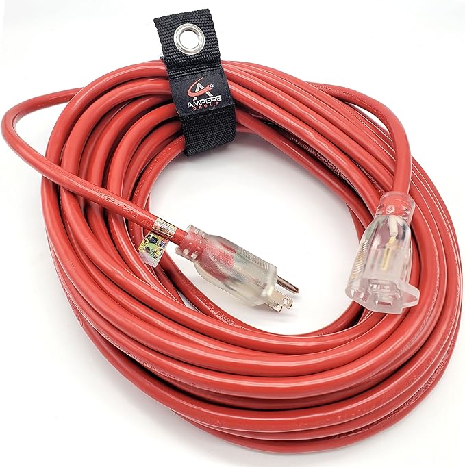 50 ft - 14 Gauge Extension Cord Outdoor - Made in USA - Lighted on Both Ends - Red Outdoor Extension_Cord Waterproof by Anthem Cable - Heavy Duty ExtensionCord 50 ft 15 Amp Extension