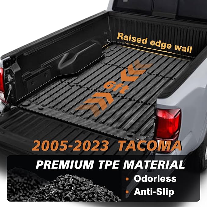 TripleAliners Truck Bed Mat Compatible with 2005-2023 Toyota Tacoma Accessories 6FT Vehicle Perfectly Flush All Weather Protection TPE Heavy Duty Pickup Car Bed Cargo Mat