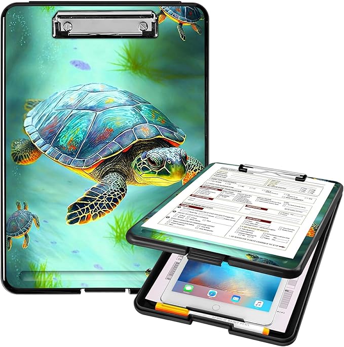 A4 Clipboards,Heavy Duty Waterproof Nursing Plastic Folder Clipboard with Storage Clip Boards,File Folder Storage Box Clipboard Case for Teacher,Doctor,Offices,Sea Turtles