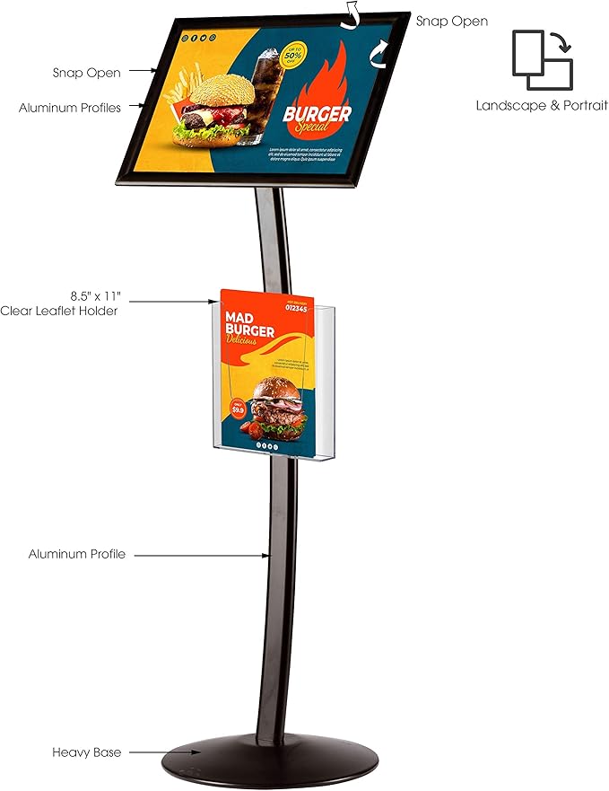 M&T Displays Curved Menu Board 11x17 Inch Pedestal Sign Holder with 8.5x11 Inch Brochure Holder Black Floor Standing Aluminum Front Loading Easy Open Poster Message Advertisement Post