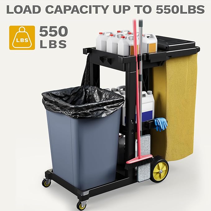DWVO Janitorial Cart on Wheels, Cleaning Carts, Housekeeping Carts, 3 Shelf Commercial Traditional Plastic Janitor Cart, with 2 Yellow 25 Gallon Vinyl Bag & Rubber Gloves for Restaurant Hotel Home