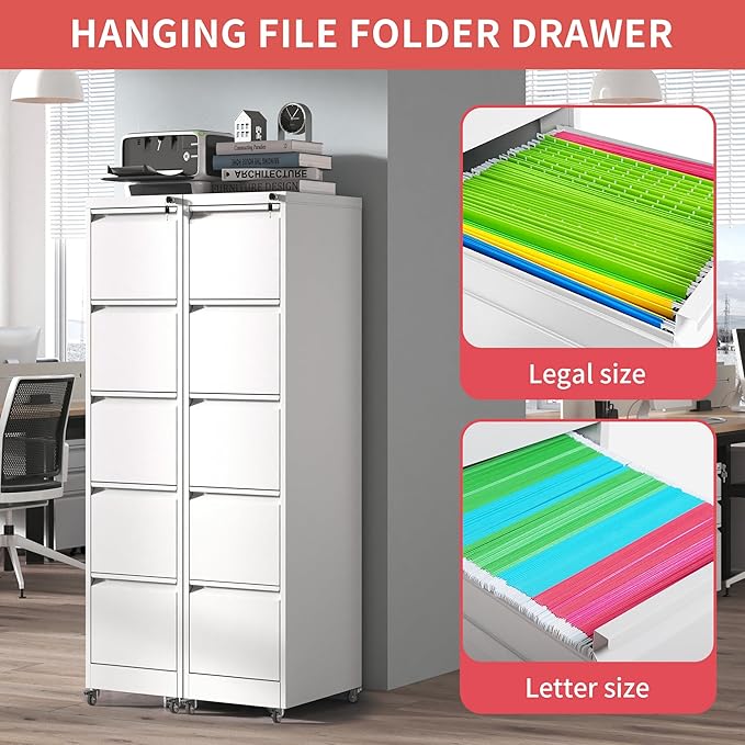 5 Drawer File Cabinet with Wheels,Metal Mobile Filing Cabinets with Lock,White Rolling File Cabinet for Home Office,Heavy Duty Storage Cabinet for A4/Letter/Legal Size File,Assembly Required