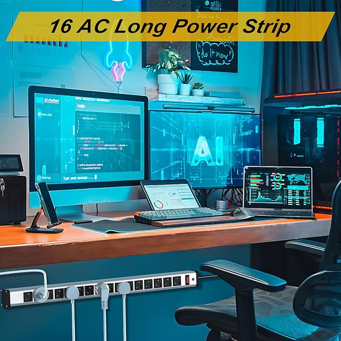 Long Surge Protector Power Strip,16 Outlet Heavy Duty Power Strip Metal Power Bar,10 FT Long Extension Cord with Circuit Breaker for Garage,Workshop,Industrial(125V/1875W, ETL Listed)