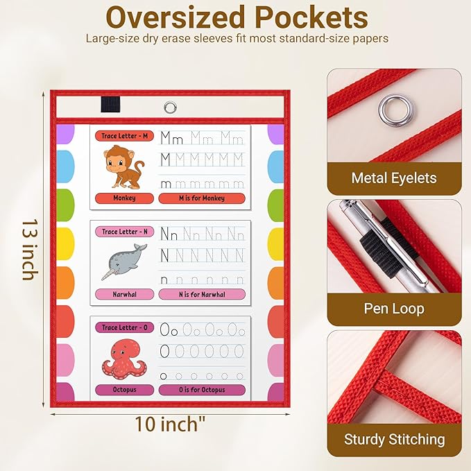 AKONEGE 30 Pack Oversized Dry Erase Pocket Sleeves - 10 x 13 Inch Ticket Holders Reusable Clear Plastic Sleeves Sheet Page Protectors for School Teacher Supplies & Classroom Organization, 5 Colors