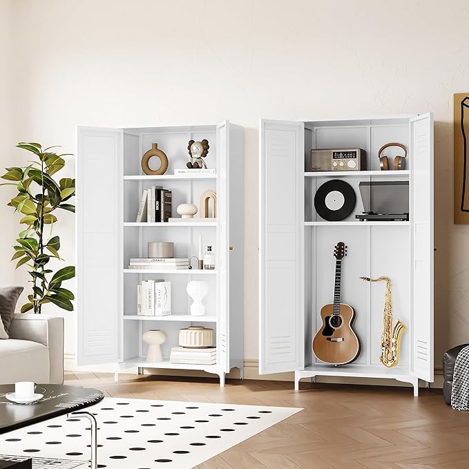 Metal Storage Cabinet-61” Tall Steel File Cabinets with Doors and 4 Adjustable Shelves-White Steel Storage Cabinet for Home,Kitchen, School, Office, Garage