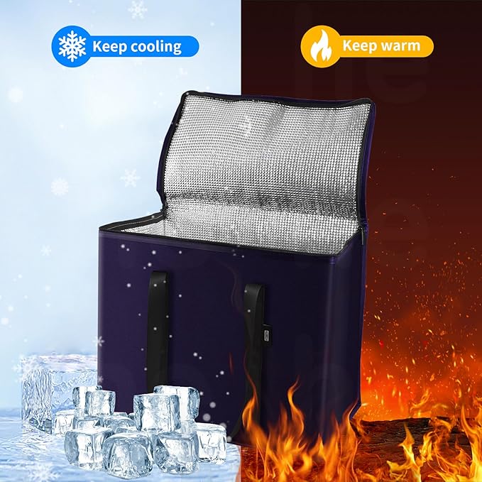 2-Pack Reusable Insulated Grocery Bags with Zippered Top, Heavy Duty Cooler Bags for Frozen Foods, Waterproof and Foldable Bag for Cold Storage & Travel– Dark Purple