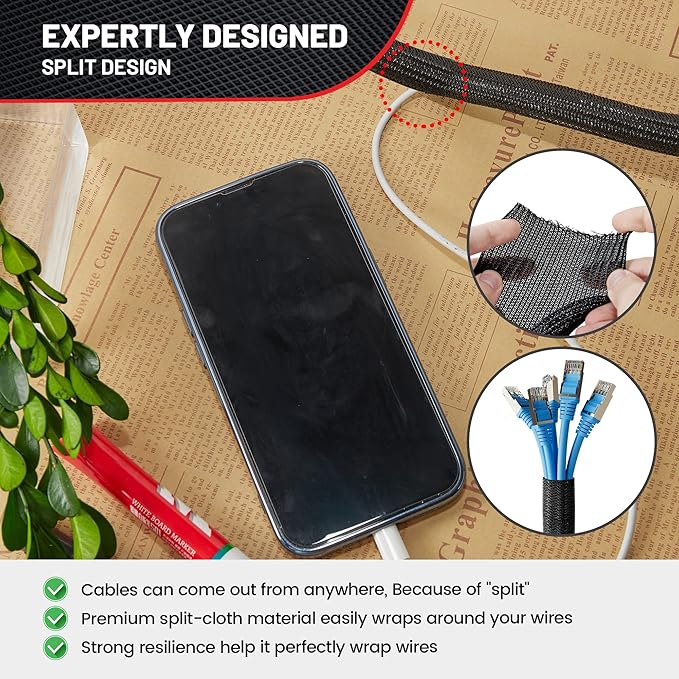 RED WOLF 10 Feet - 3/4" Split Cable Sleeves Cord Management Braided Wire Loom Sleeving Protector Wiring Cable Cover Flexible Self-Wrap for Automotive Home Office Anti-Scratch High-Temperature Black