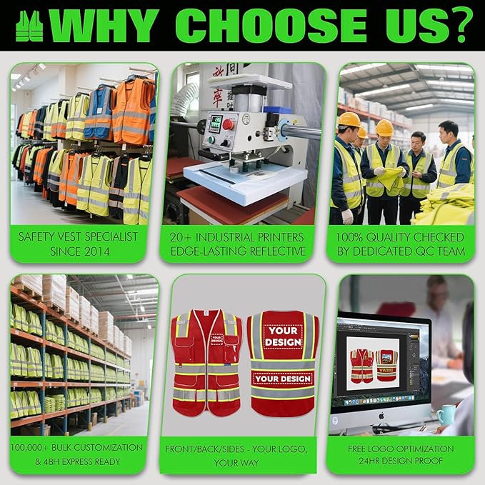 BeautyWill Custom Logo 10 Pockets Safety Vest Class2 ANSI Certified High Visibility Reflective Vest